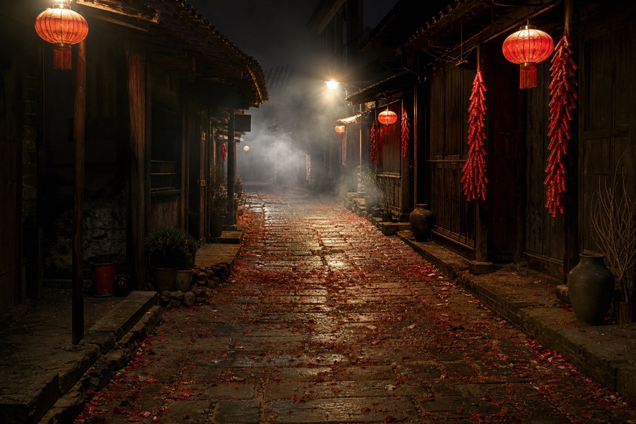 Red firecracker paper on a village lane at night